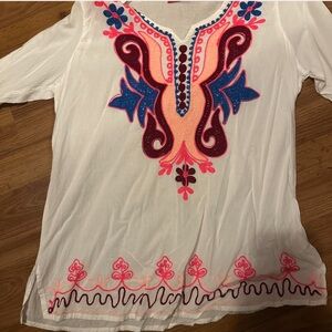Embroidered White Top with Pink and Blue Accents